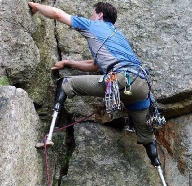 This climber, Hugh Herr, lost his legs while rock-climbing, so built a robotic pair so he could continue climbing.
