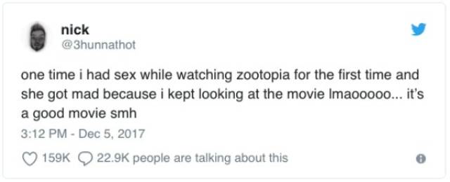 thoughts and prayers tweets about las vegas shooting - nick one time i had sex while watching zootopia for the first time and she got mad because i kept looking at the movie Imaooooo... it's a good movie smh people are talking about this