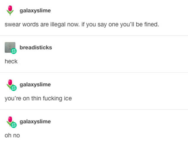 tumblr - swearing is illegal - galaxyslime swear words are illegal now. if you say one you'll be fined. breadisticks heck Yogalaxyslime you're on thin fucking ice Yogalaxyslime oh no