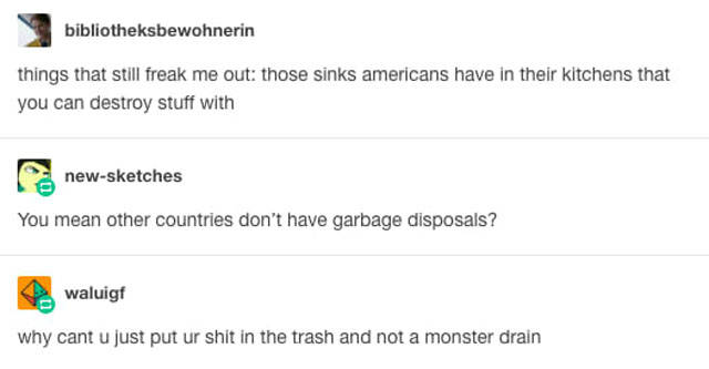 tumblr - diagram - bibliotheksbewohnerin things that still freak me out those sinks americans have in their kitchens that you can destroy stuff with newsketches You mean other countries don't have garbage disposals? waluigf why cant u just put ur shit in 