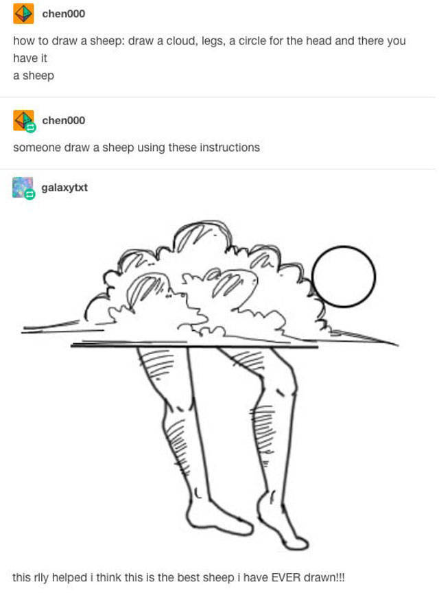 tumblr - draw a sheep - chen000 how to draw a sheep draw a cloud, legs, a circle for the head and there you have it a sheep chen000 someone draw a sheep using these instructions Le galaxytxt mas Kw this rlly helped i think this is the best sheep i have Ev