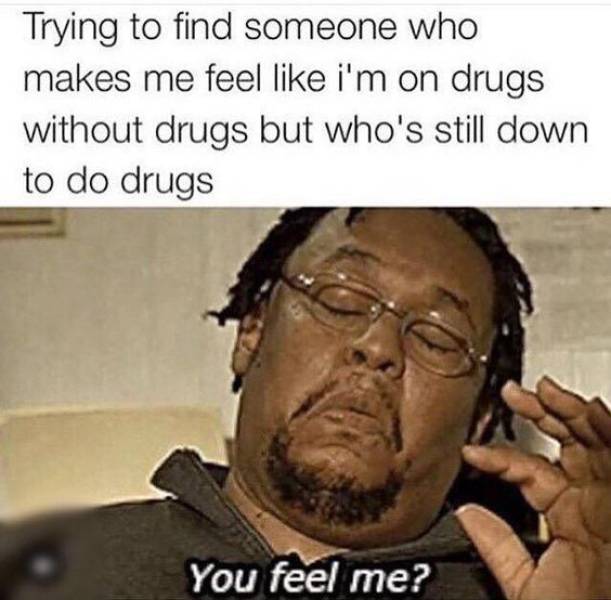 stoner memes - Trying to find someone who makes me feel i'm on drugs without drugs but who's still down to do drugs You feel me?