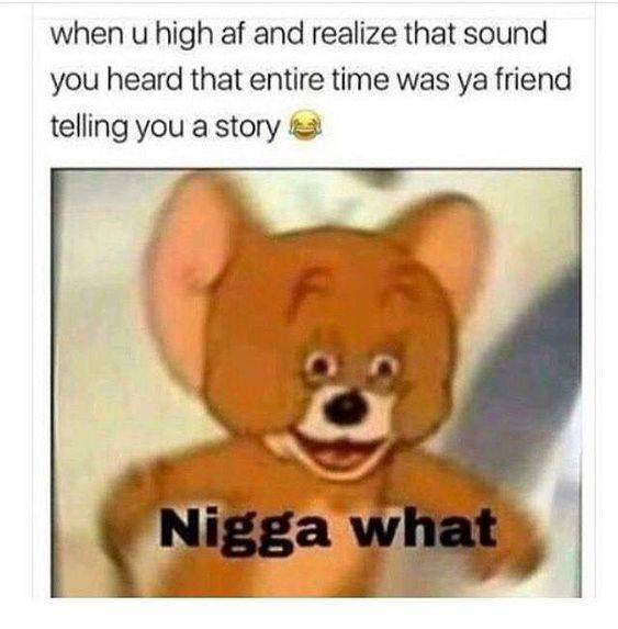 stoner af memes - when u high af and realize that sound you heard that entire time was ya friend telling you a story a Nigga what