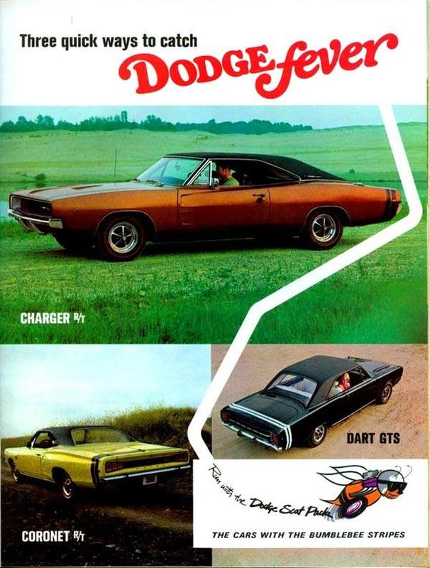 Vintage Dodge car ad, all three with the Bumblebee Stripes!