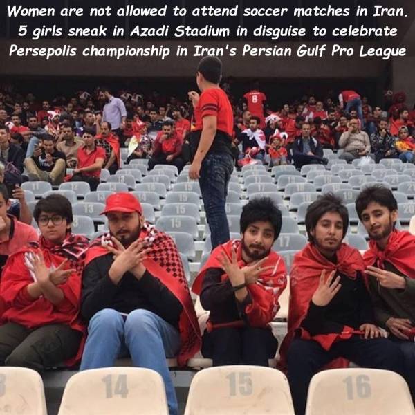 iranian women dressed as men - Women are not allowed to attend soccer matches in Iran. 5 girls sneak in Azadi Stadium in disguise to celebrate Persepolis championship in Iran's Persian Gulf Pro League 10 115 16.