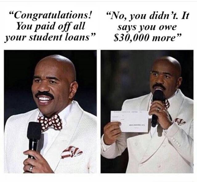 meme steve harvey - "Congratulations! You paid off all your student loans "No, you didn't. It says you owe $30,000 more