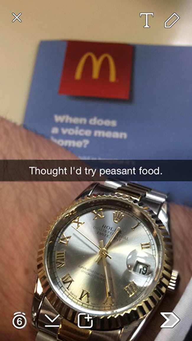 rich kids snapchatrich kids snapchat - T m When does a voice mean ome? Thought I'd try peasant food.