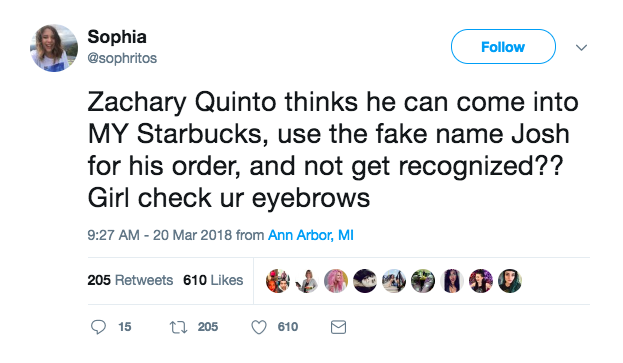 kevin smith sex tweet - Sophia Zachary Quinto thinks he can come into My Starbucks, use the fake name Josh for his order, and not get recognized?? Girl check ur eyebrows from Ann Arbor, Mi 205 610 Oa 915 205 610