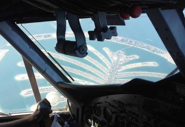 She often posts photos of the view from the cockpit, like this one over Dubai.
