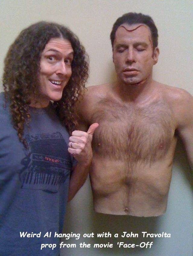 weird old things - Weird Al hanging out with a John Travolta prop from the movie 'FaceOff