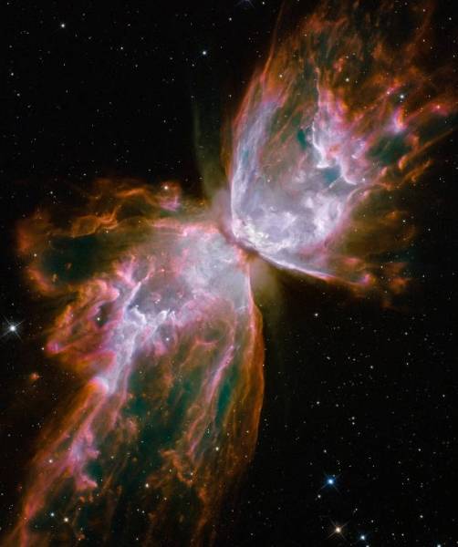 Butterfly Nebula-Also known as the Bug Nebula, this interstellar cloud of dust and gas can be found about 4,000 light years from the Earth. The dying star in the middle of this fiery explosion is actually 200,000 degrees Kelvin.