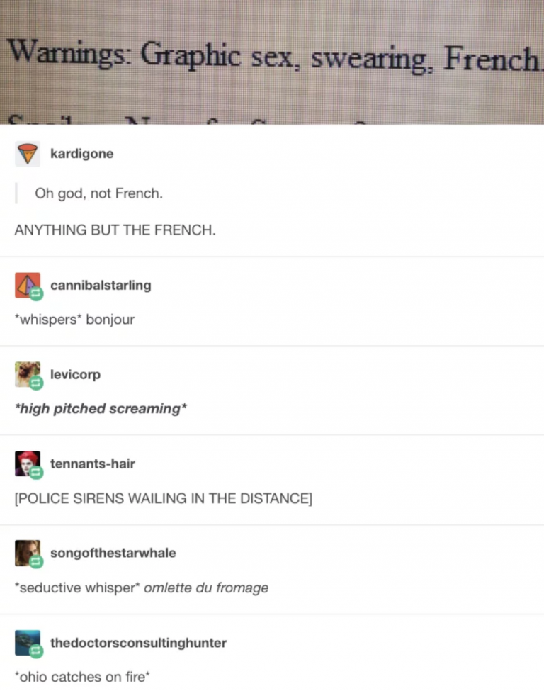 tumblrWarnings Graphic sex, swearing, French kardigone Oh god, not French Anything But The French A cannibalstarling 'whispers bonjour levicorp "high pitched screaming tennantshair Police Sirens Wailing In The Distance songofthestarwhale 'seductive whispe