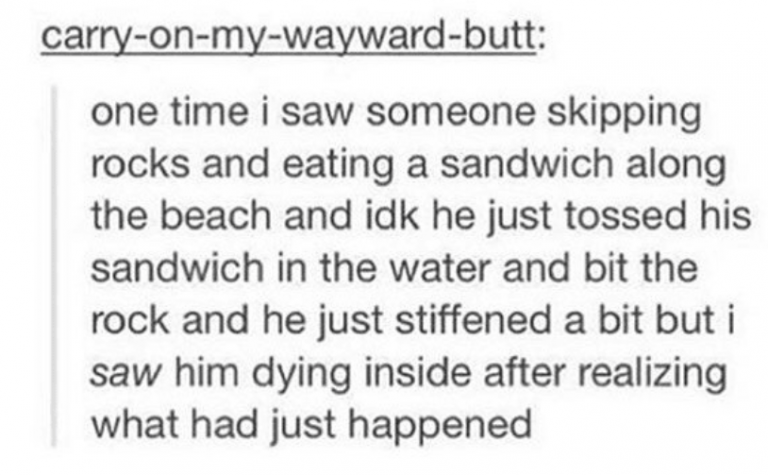 tumblrquotes - carryonmywaywardbutt one time i saw someone skipping rocks and eating a sandwich along the beach and idk he just tossed his sandwich in the water and bit the rock and he just stiffened a bit but i saw him dying inside after realizing what h