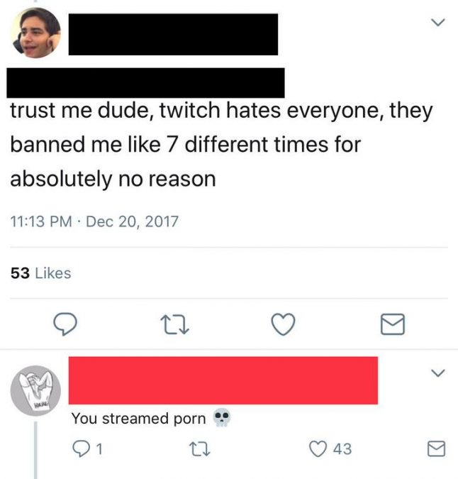 twitch banned me for no reason - trust me dude, twitch hates everyone, they banned me 7 different times for absolutely no reason 53 You streamed porn 01 220 43