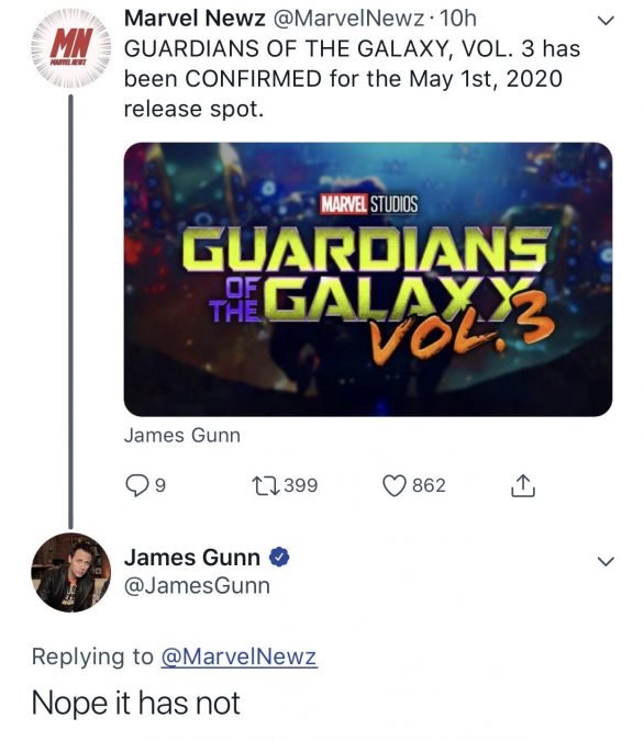 media - Marvel Newz . 10h Guardians Of The Galaxy, Vol. 3 has been Confirmed for the May 1st, 2020 release spot. Marvel Studios Guardians Toegali De James Gunn 29 22399 862 James Gunn Gunn Nope it has not