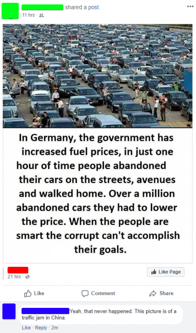 Mozzik - d a post 11 hrs. In Germany, the government has increased fuel prices, in just one hour of time people abandoned their cars on the streets, avenues and walked home. Over a million abandoned cars they had to lower the price. When the people are sm