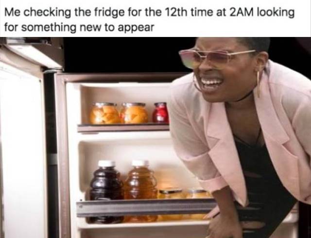 memes - someone looking in the fridge - Me checking the fridge for the 12th time at 2AM looking for something new to appear