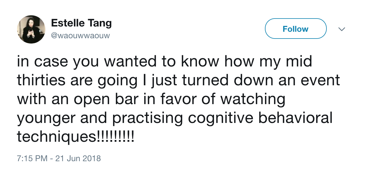 ben shapiro tweet new zealand - Estelle Tang in case you wanted to know how my mid thirties are going I just turned down an event with an open bar in favor of watching younger and practising cognitive behavioral techniques!!!!!!!!!