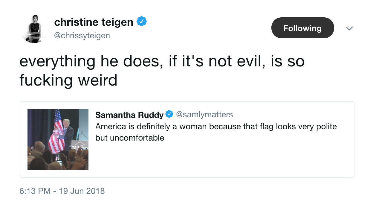 funniest tweets of 2018 - christine teigen ing everything he does, if it's not evil, is so fucking weird Samantha Ruddy America is definitely a woman because that flag looks very polite but uncomfortable