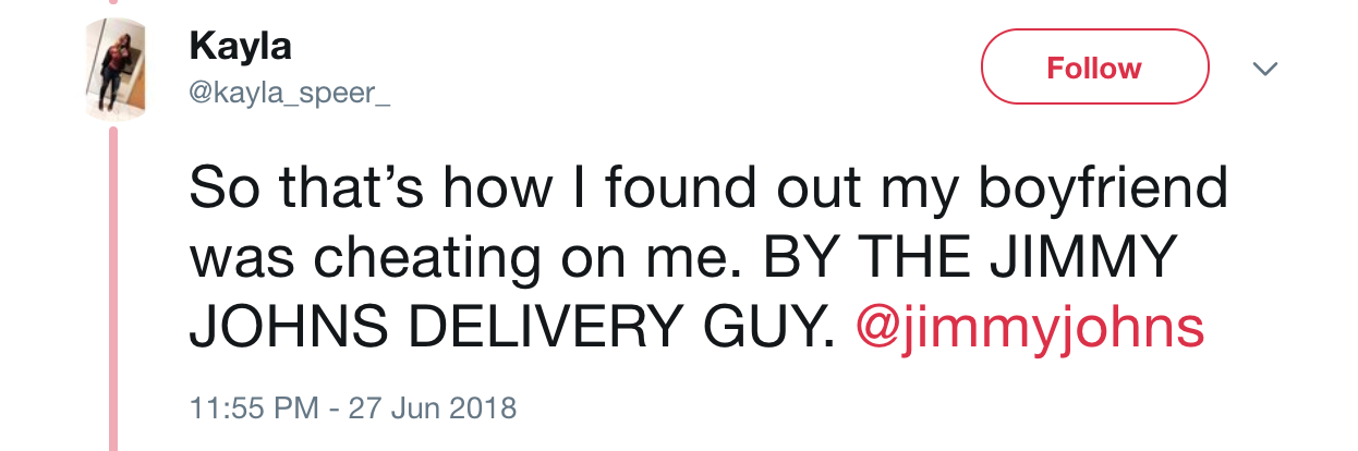 chickenwithtie transphobic - Kayla So that's how I found out my boyfriend was cheating on me. By The Jimmy Johns Delivery Guy.