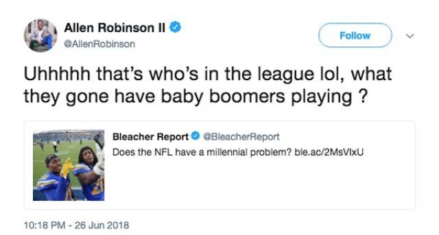 left at london tyler the creator - Allen Robinson Ii Robinson Aller Uhhhhh that's who's in the league lol, what they gone have baby boomers playing ? Bleacher Report Report Does the Nfl have a millennial problem? ble.ac2MsVIXU