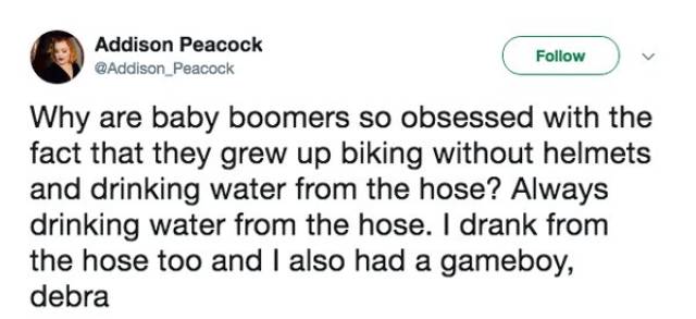 diagram - Addison Peacock v Why are baby boomers so obsessed with the fact that they grew up biking without helmets and drinking water from the hose? Always drinking water from the hose. I drank from the hose too and I also had a gameboy, debra
