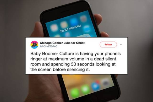 smartphone - Social Networks Chicago Gabber Juke for Christ Grocketdrag Baby Boomer Culture is having your phone's ringer at maximum volume in a dead silent room and spending 30 seconds looking at the screen before silencing it.