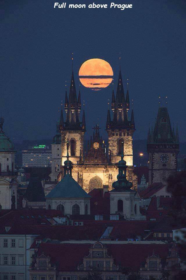 cool pic of the moon rising over Prague