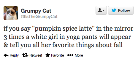 white people pumpkin meme - y Grumpy Cat The Grumpy Cat if you say "pumpkin spice latte" in the mirror 3 times a white girl in yoga pants will appear & tell you all her favorite things about fall tJ RetweetFavorite ... More