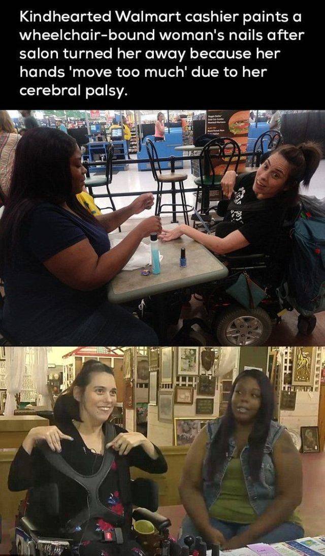 Manicure - Kindhearted Walmart cashier paints a wheelchairbound woman's nails after salon turned her away because her hands 'move too much' due to her cerebral palsy. P 10