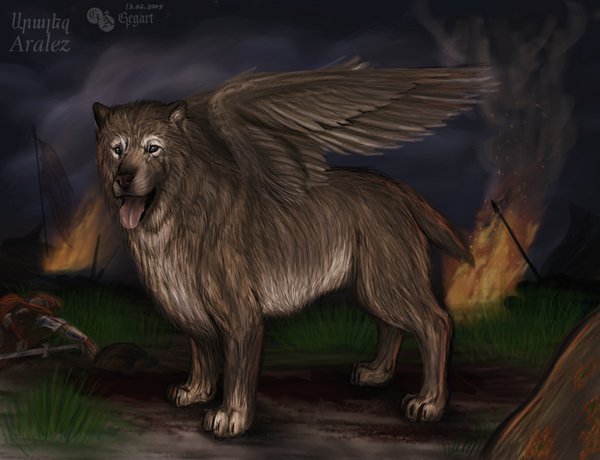 Aralez-Mythological dog angels from Armenian culture.

With the widespread stories of dogs saving people’s lives, providing companionship, and giving their very lives for people, I can only believe that the Armenian tales recount tales of dogs in prehistory.

Before we could understand the depth of their emotions and mental lives fully.