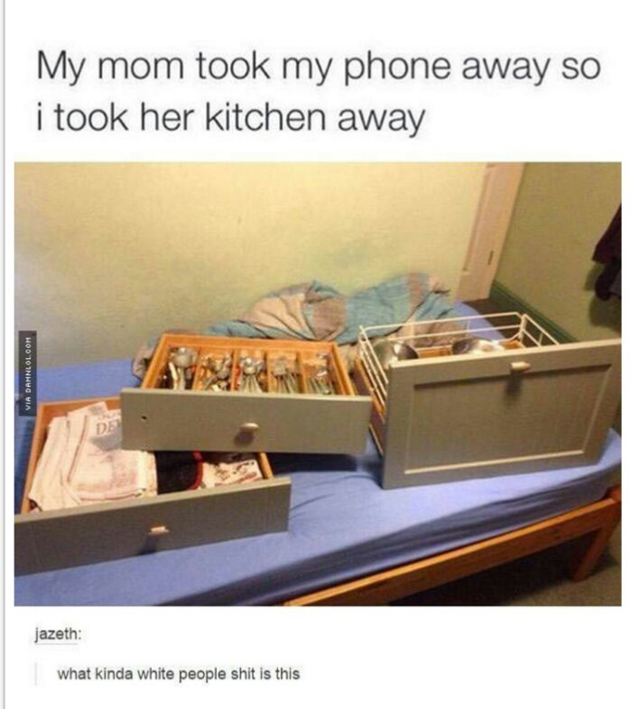 my mom took my phone away so - My mom took my phone away so i took her kitchen away Via Danloloom jazeth what kinda white people shit is this