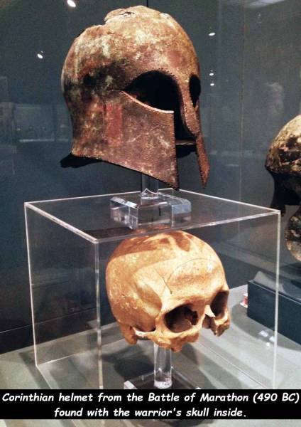 Corinthian helmet from the Battle of Marathon 490 Bc found with the warrior's skull inside.