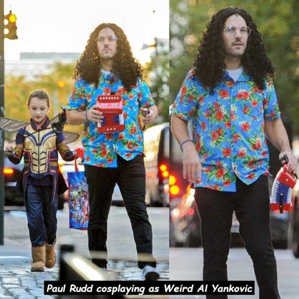 cool pic paul rudd dressed as weird al - Paul Rudd cosplaying as Weird Al Yankovic