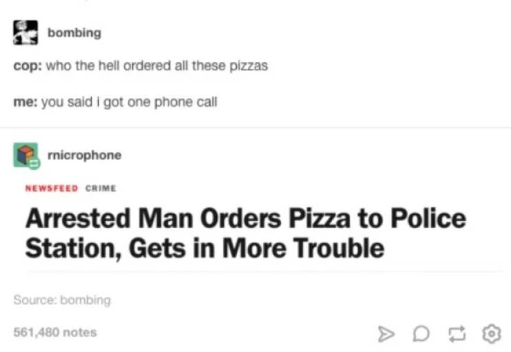 diagram - bombing cop who the hell ordered all these pizzas me you said i got one phone call rnicrophone Newsfeed Crime Arrested Man Orders Pizza to Police Station, Gets in More Trouble Source bombing 561,480 notes