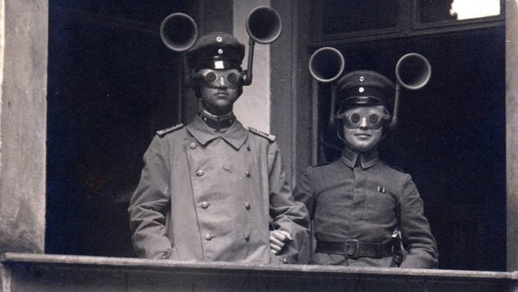 These devices called Sound Finders helped to hear potential incoming enemy planes and detect outbreaks of enemy artillery, 1914