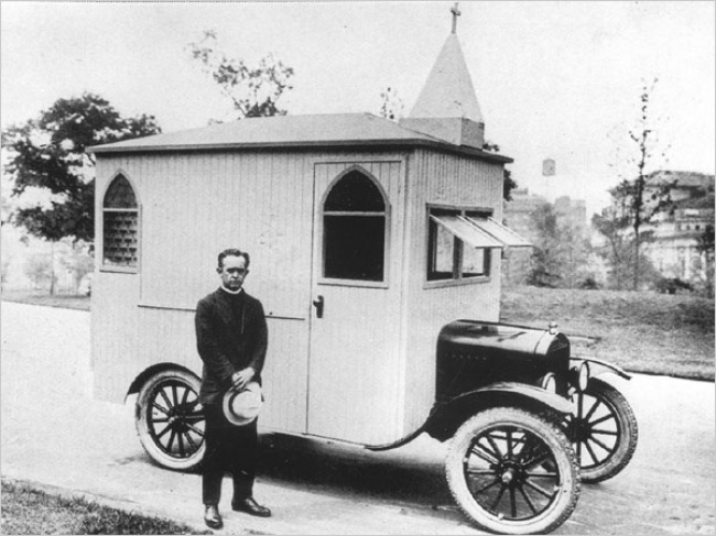 A mobile church based on Ford T with a priest-driver, USA, 1922
