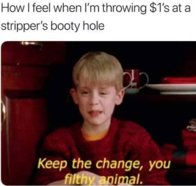 memes - stripper meme - How I feel when I'm throwing $1's at a stripper's booty hole Keep the change, you filthy animal.