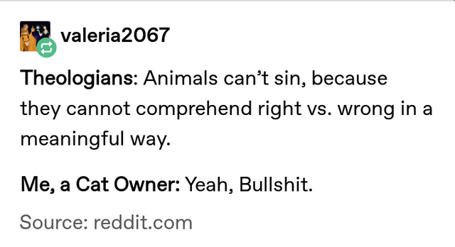 tumblr - document - valeria2067 Theologians Animals can't sin, because they cannot comprehend right vs. wrong in a meaningful way. Me, a Cat Owner Yeah, Bullshit. Source reddit.com