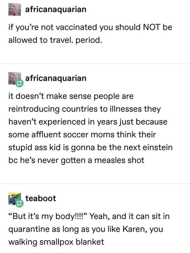 tumblr - document - africanaquarian if you're not vaccinated you should Not be allowed to travel. period. africanaquarian it doesn't make sense people are reintroducing countries to illnesses they haven't experienced in years just because some affluent so