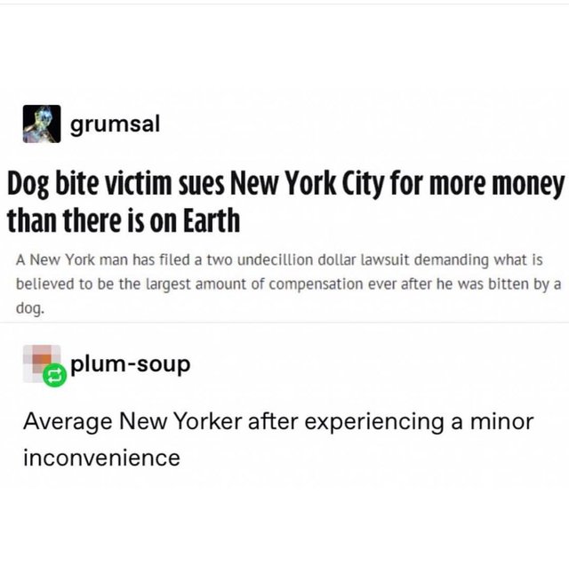 tumblr - document - grumsal Dog bite victim sues New York City for more money than there is on Earth A New York man has filed a two undecillion dollar lawsuit demanding what is believed to be the largest amount of compensation ever after he was bitten by 