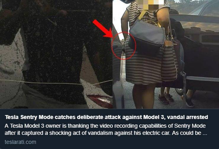 photo caption - Tesla Sentry Mode catches deliberate attack against Model 3, vandal arrested A Tesla Model 3 owner is thanking the video recording capabilities of Sentry Mode after it captured a shocking act of vandalism against his electric car. As could