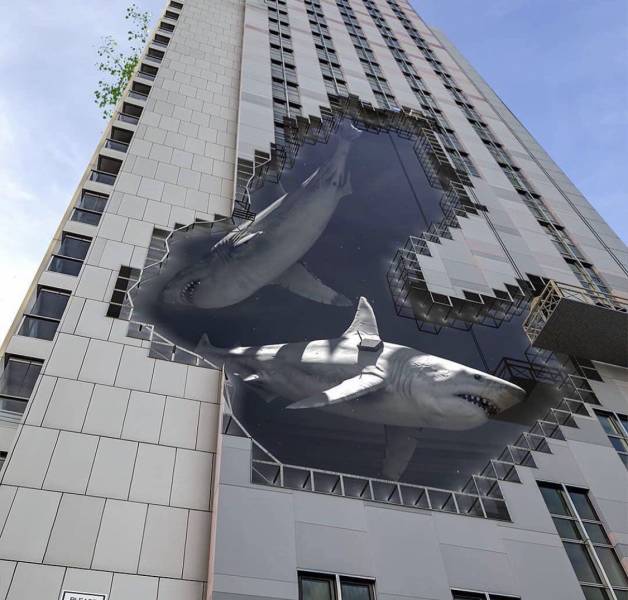 shark filled building art