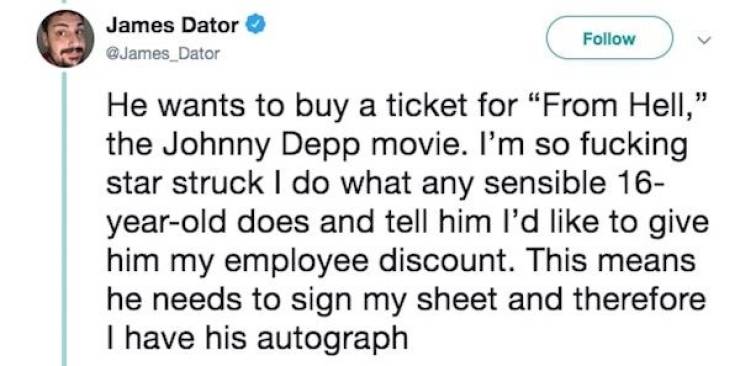 Keanu Reeves - pete davidson texted mac miller - James Dator He wants to buy a ticket for "From Hell," the Johnny Depp movie. I'm so fucking star struck I do what any sensible 16 yearold does and tell him I'd to give him my employee discount. This means h