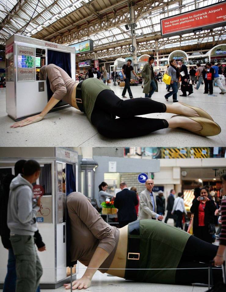 giant woman lying in a photo booth - Intim The fastest trains to Gatwick Airport leave from platforms 13 & 14. Photos Photos Louis Molloy
