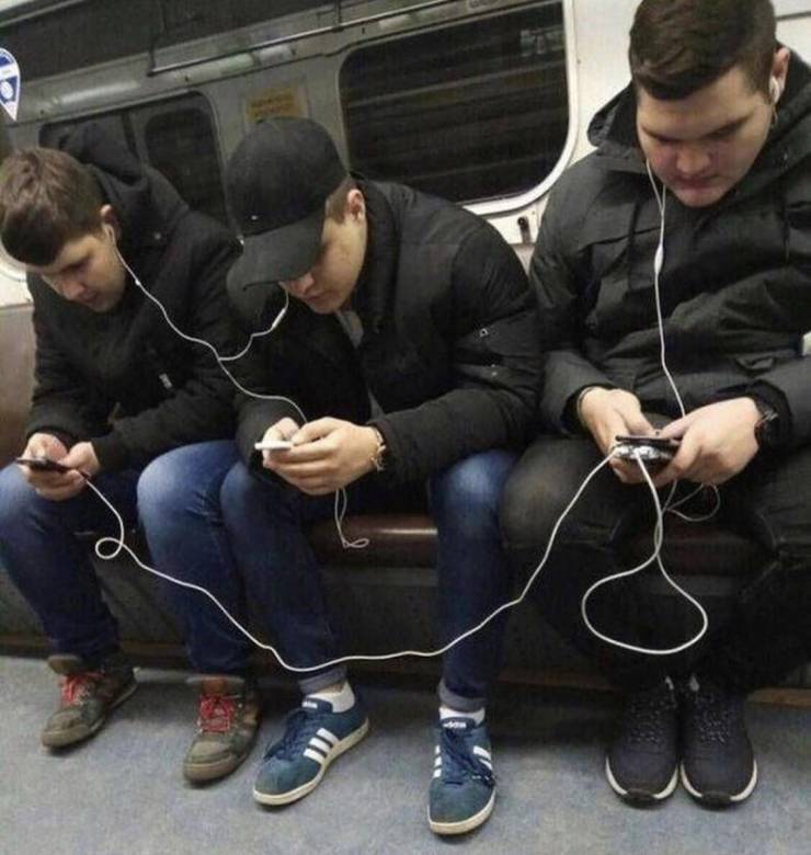 cool meme - three men sharing headphones