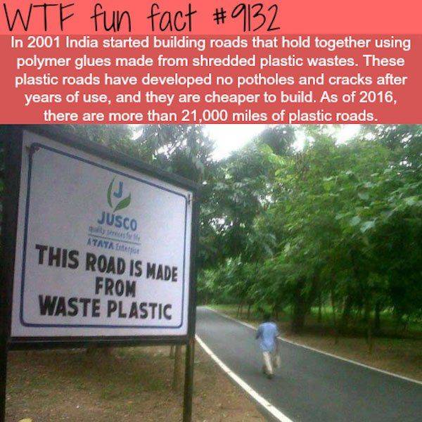 waste plastic roads - Wtf fun fact In 2001 India started building roads that hold together using polymer glues made from shredded plastic wastes. These plastic roads have developed no potholes and cracks after years of use, and they are cheaper to build. 