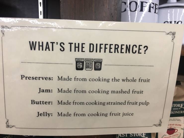 vehicle - Coffe What'S The Difference? Preserves Made from cooking the whole fruit Jam Made from cooking mashed fruit Butter Made from cooking strained fruit pulp Store Ioner Jelly Made from cooking fruit juice Ast Store