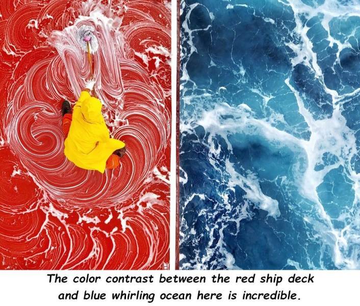 The color contrast between the red ship deck and blue whirling ocean here is incredible.