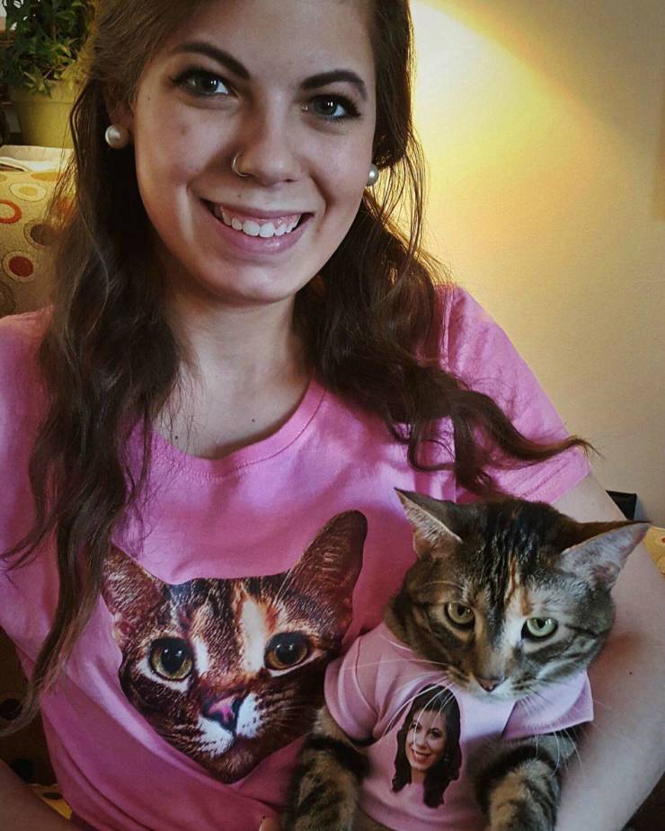 cat and girl with each other's faces on their shirts